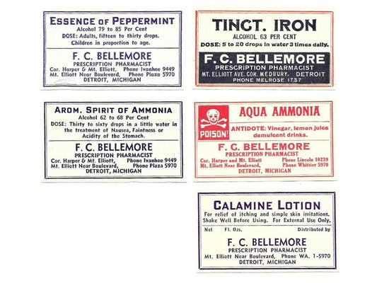 Bellemore Pharmacy Label Collection - Detroit, Michigan