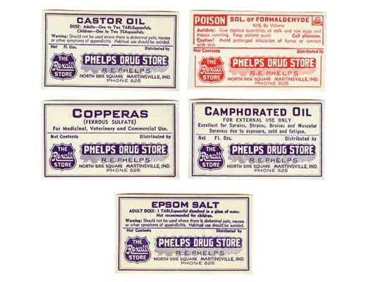 Phelps Drug Store Labels, Martinsville, Indiana