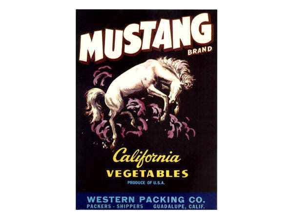 Mustang California Vegetable Crate Label - Vertical