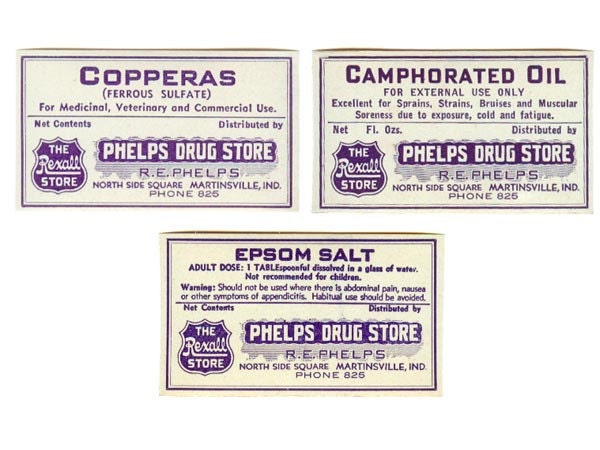 Phelps Drug Store Labels, Martinsville, Indiana