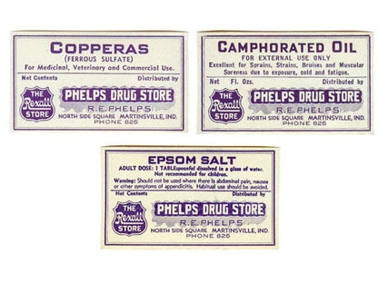 Phelps Drug Store Labels, Martinsville, Indiana