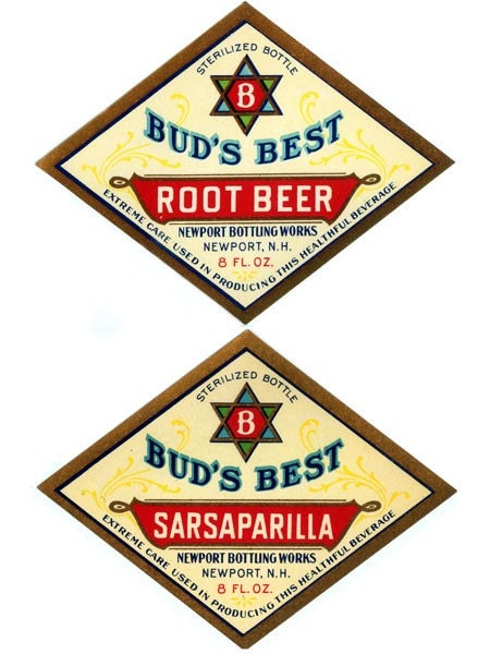 Vintage Bud's Soda Labels, Newport Bottling Works, 1920s (Root Beer, Ginger Ale)