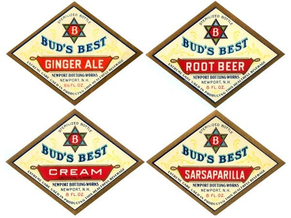 Vintage Bud's Soda Labels, Newport Bottling Works, 1920s (Root Beer, Ginger Ale)