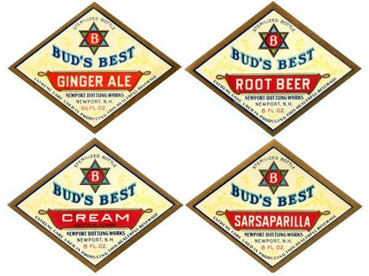 Vintage Bud's Soda Labels, Newport Bottling Works, 1920s (Root Beer, Ginger Ale)