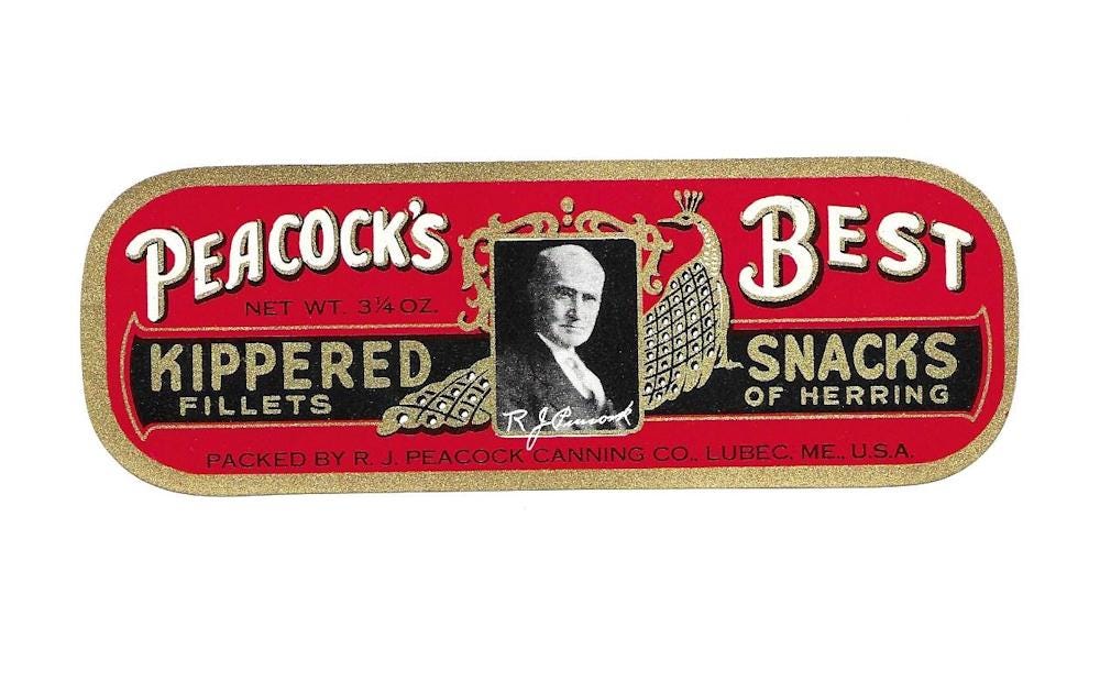 Vintage Peacock's Kippered Snacks Label, Lubec Maine