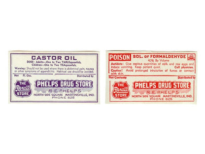Phelps Drug Store Labels, Martinsville, Indiana