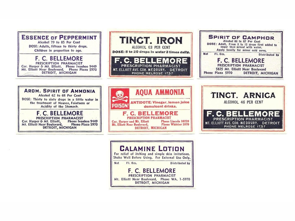 Bellemore Pharmacy Label Collection - Detroit, Michigan