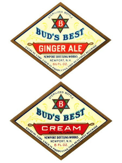 Vintage Bud's Soda Labels, Newport Bottling Works, 1920s (Root Beer, Ginger Ale)